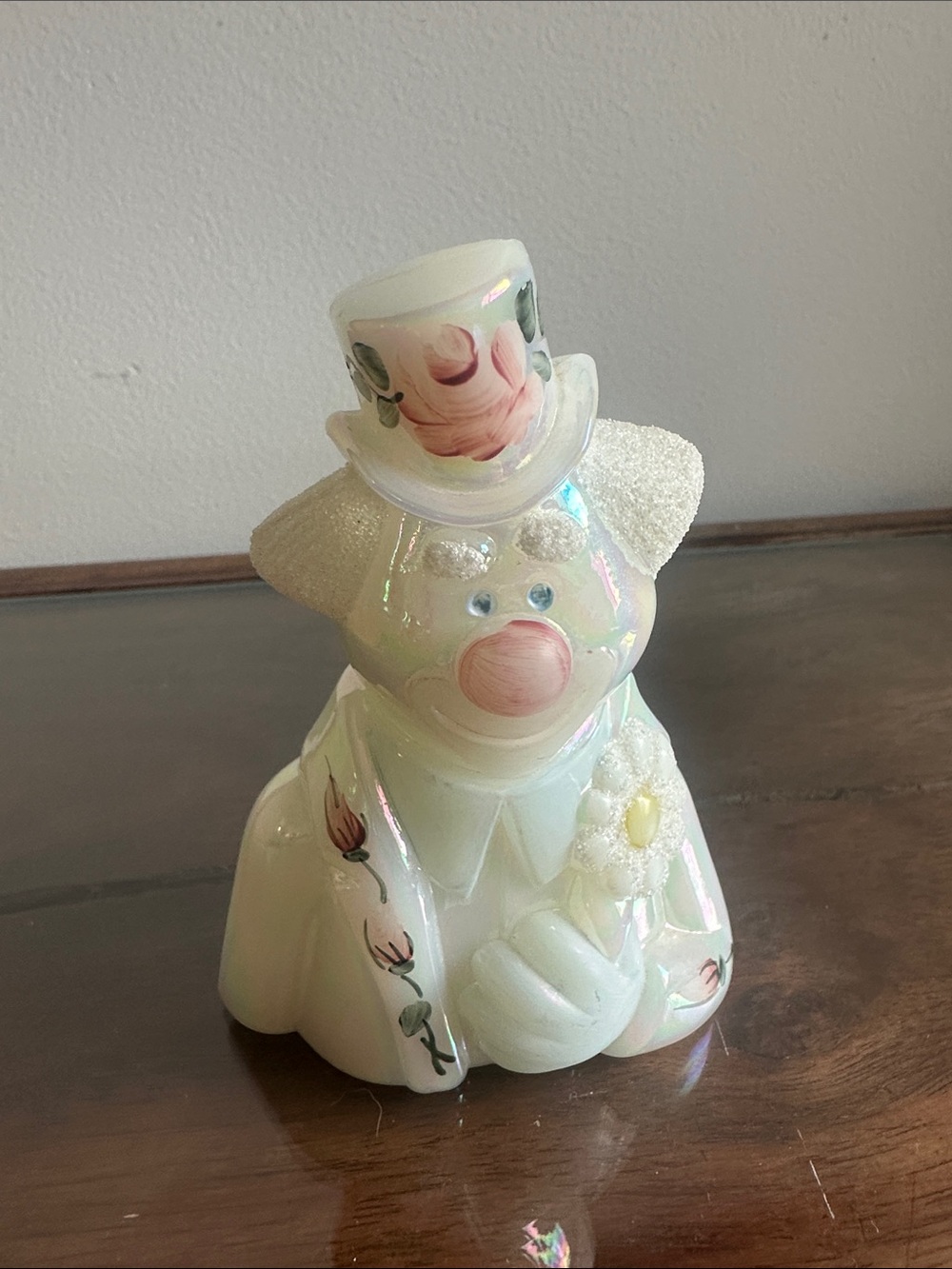 Fenton Iridescent White Clown Figurine with Pink Floral Accents